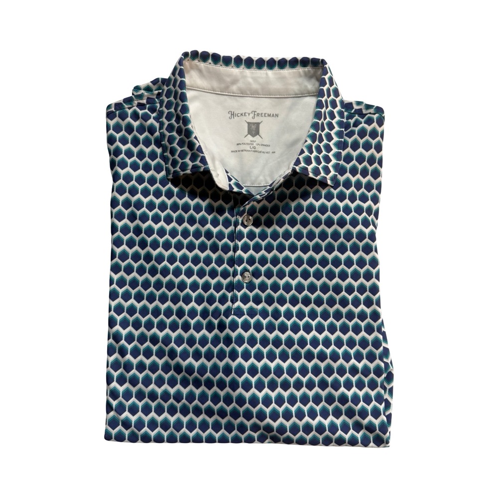 Hickey Freeman Golf Polo Mens Large Blue Geometric Honeycomb Excellent Stretch - Picture 4 of 10